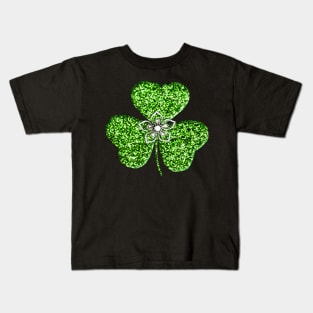 Faux Green Glitter Shamrock With A Flower Kids T-Shirt